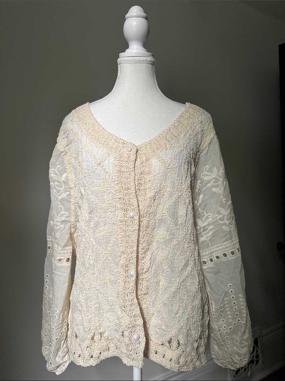 UNBRANDED Cream Sheer Cotton Embroidered Cottagecore Boho Coquette Cardigan OS